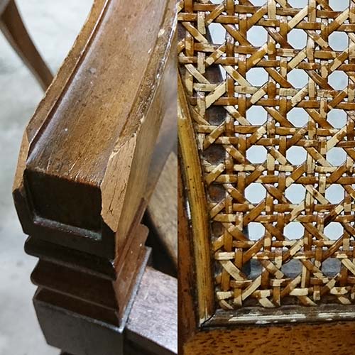 椅子やベンチの修理・張り替え・塗り替え・修理リメイク事例:アームの割れ&欠損の補修・籐とフレームの塗装補修