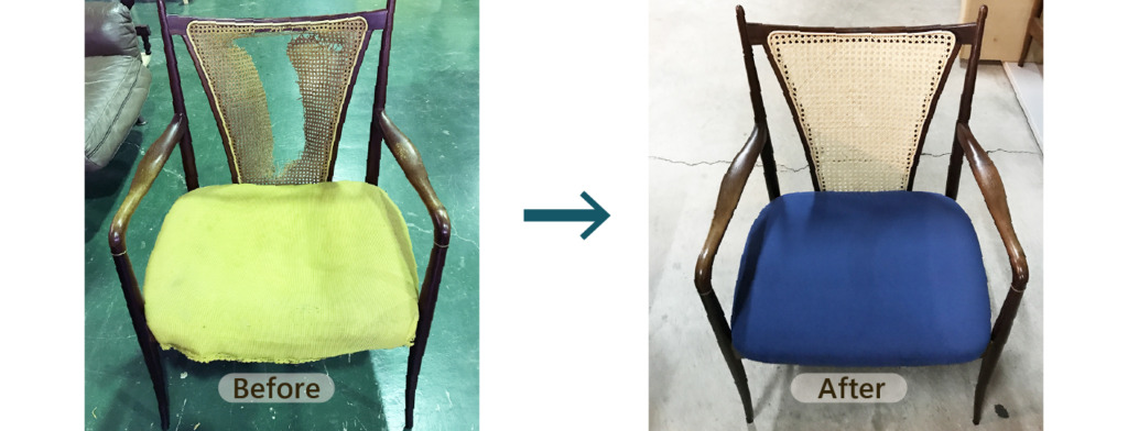 椅子の修理事例(籐の張り替え + 座面張替 + ウレタン交換)